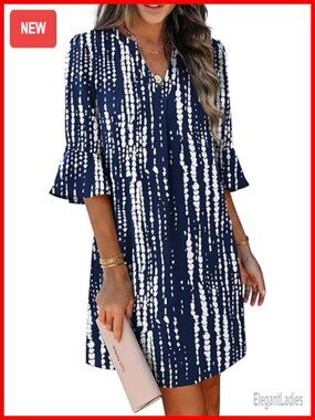 Shift Dress V-Neck Ruffle Sleeve Loose Casual Office Work Summer Pocket
